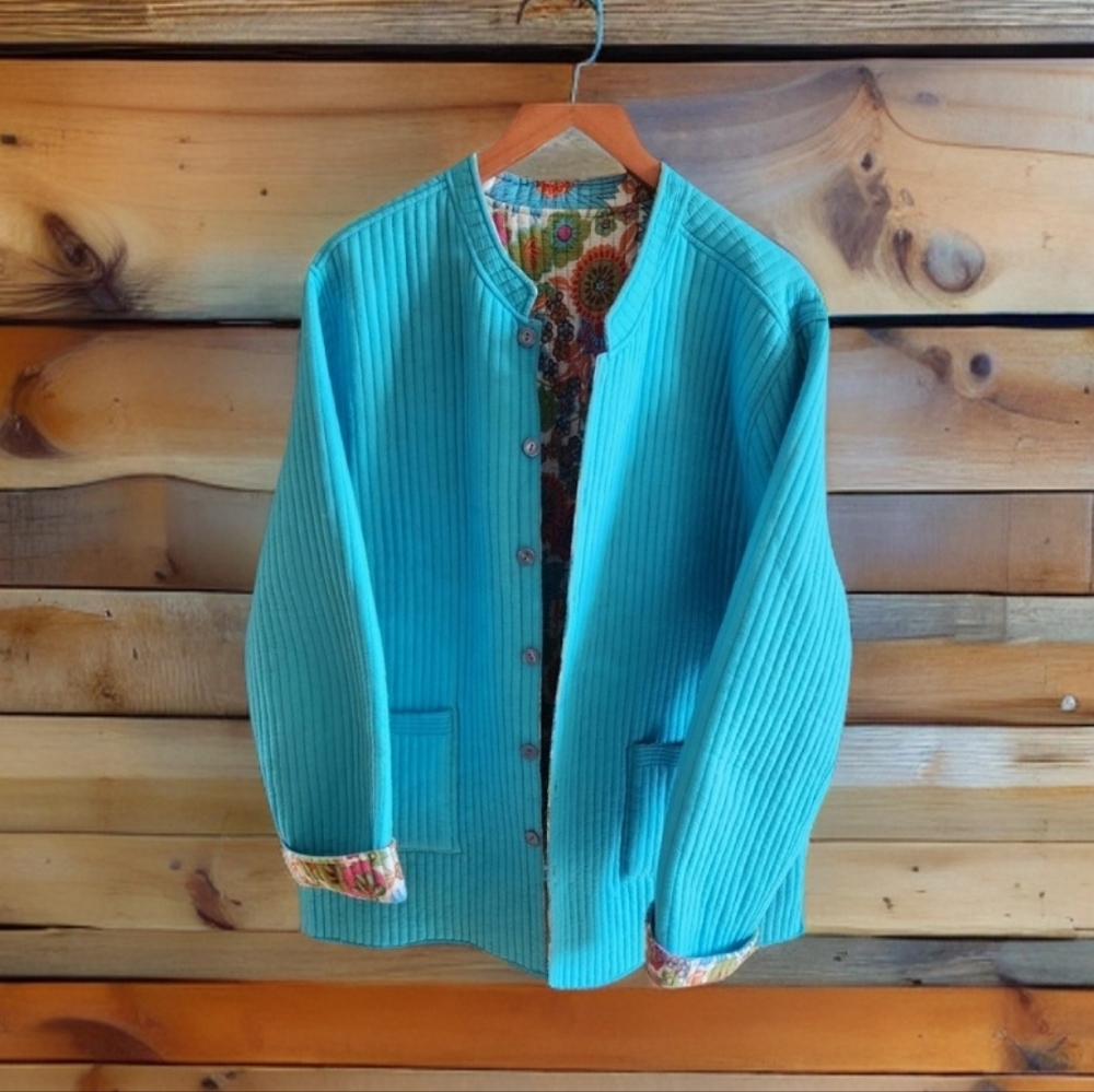 Oversized Quilted Floral Boho Reversable Lightweight Button Down Jacket Women